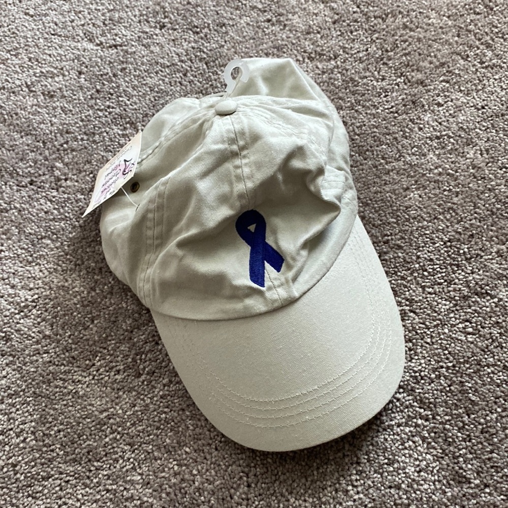 Anvil Breast Cancer Awareness Hat Beige Blue Ribbon Adjustable Cap OS